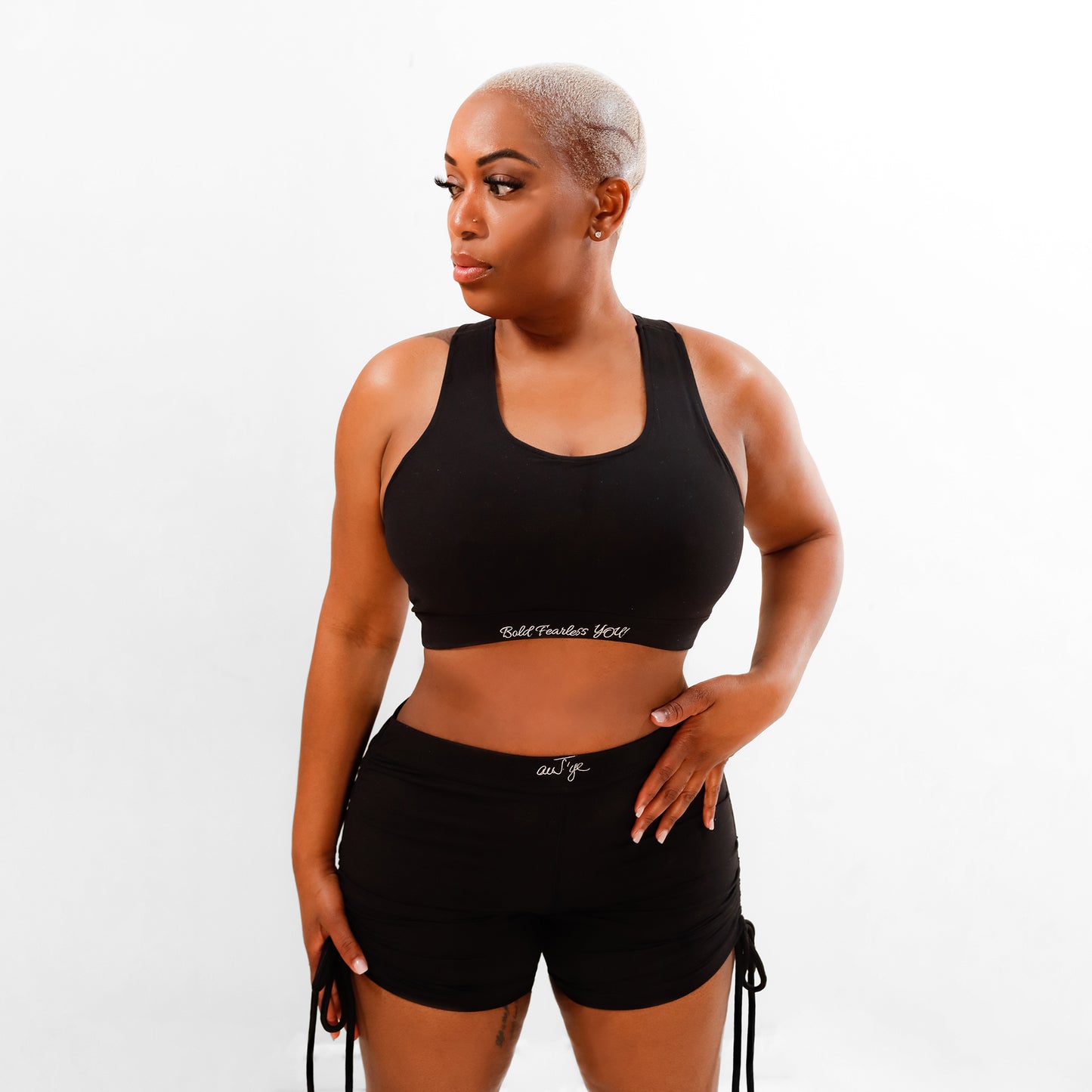 Crush Women's Black auJ’ye Drawstring Two Piece Shorts and Sports Bra
